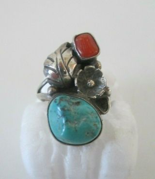 Old Pawn Navajo Sterling Silver Coral & Turquoise Squash Ring Sz 6 - 6.  25 Vtg 1 "