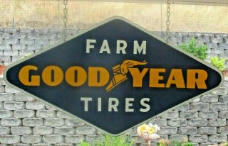 Vintage 48 " X 25 " Porcelain 1940s Goodyear Farm Tires Sign,  Gas Oil,  John Deere