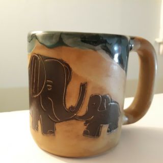 Mexico Pottery Mara Large Hand Crafted - Etched Hand Painted Mug With Elephants
