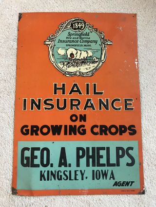 Vintage Hail Insurance Seed Corn Kingsley Iowa Advertising Farm Sign Marine
