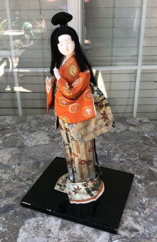 Vintage Japanese Ichimatsu Gofun Girl Doll On Stand,  15” Tall