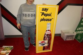 Large Vintage 1965 Pepsi Cola Soda Pop Gas Station 47 " Embossed Metal Sign