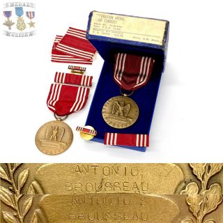 2x Named Wwii Army Good Conduct Medal Antonio Brousseau Ribbon Bar Lapel Pin Box