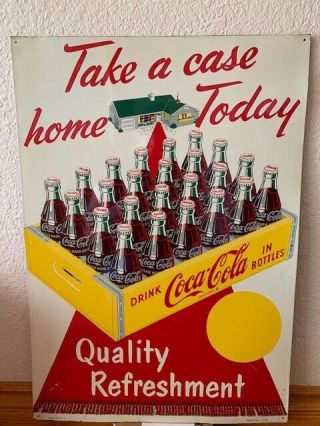 Vintage Coca Cola Take A Case Home Today Metal Sign 1959 Quality Refreshment