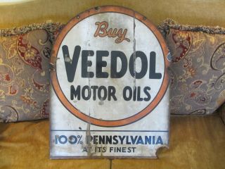 Vintage Pre War Veedol Motor Oil Porcelain Double Side Advertising Sign