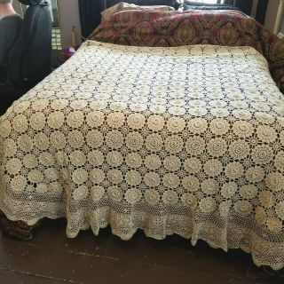 Keeco Hand Crochet Lace Coverlet Irish Rose Bed Cover Vintage Ecru 84 X 96