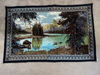Vintage A.  T.  C Wall Tapesty Mountains Lake Landscape Scene Wall Hanging