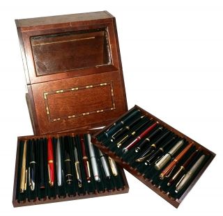 Vintage Dark Cherry Wood Pen Case W.  22x Pens Mont Blanc,  Cartier Etc.