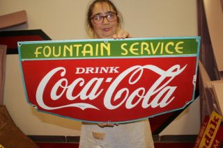 Large Coca Cola Fountain Service Soda Pop Gas Oil 27 " Porcelain Metal Sign