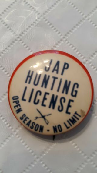 Wwii Jap Hunting License Pin Ww2 Pinback Button Japanese Slope Nip Slur