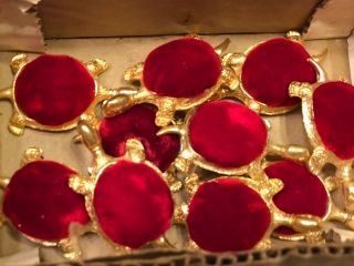 10 Vintage Turtle Mini Pin Cushions Gold Tone Metal With Red Velvet Back 2 1/2 "