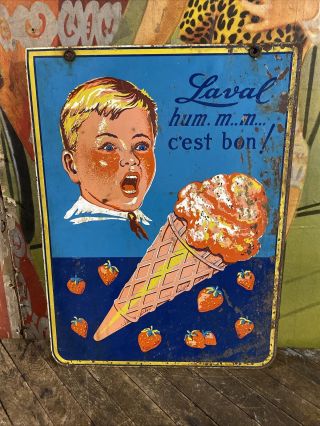 Vintage Laval Ice Cream Double Sided Sign Strawberry French Creepy Dairy Farm