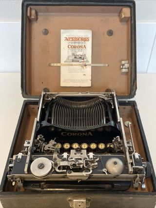 Vintage 1920 Corona Folding Portable Typewriter With Case & Acc Flyer