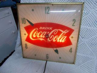 Vintage 1950`s Coca Cola Fishtail Clock By Pam Lighted & Coke Soda Pop