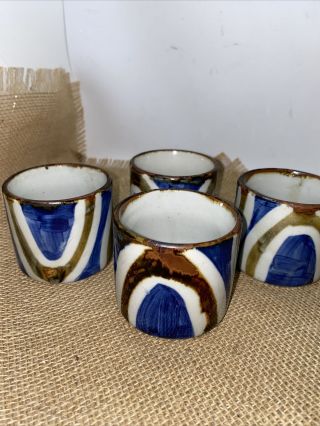 4 Vintage Mexican Tonala Earthenware Pottery 2.  5 Inch Cup Cantina Cup Strip