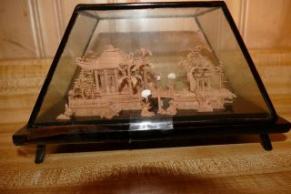 Chinese Vintage Cork Art In Glass Display Pagoda,  Trees,  Buildings,  Plants,  9x5 "