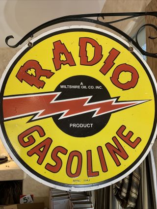 47 Large Vintage  Radio Gasoline  Double Sided 30’ Porcelain Sign With Bracket