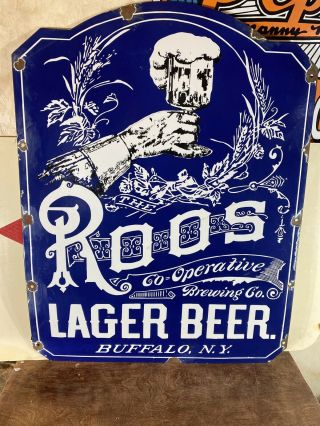 Large Vintage  Roos  Lager Beer Heavy Porcelain Sign 36x28 Inch Buffalo,  Ny