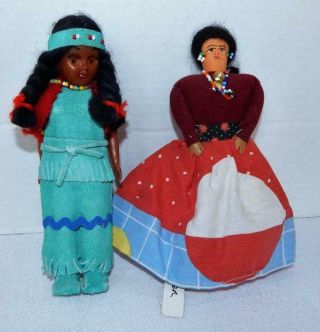 2 Vintage 7 " Native American Indian Dolls - Squaw With Papoose & Navajo Doll