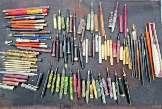 67 Vintage Writing Instruments,  Desk Fountain Pens,  Plastic F Pens,  Metal Pencil