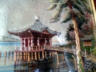 Vintage Asian Japanese Silk Embroidery Framed Art Lake Pagoda