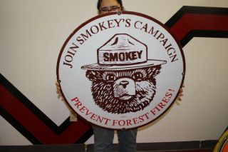 Large Smokey Bear Forest Fire Hunting Fishing Gas Oil 30 " Porcelain Metal Sign