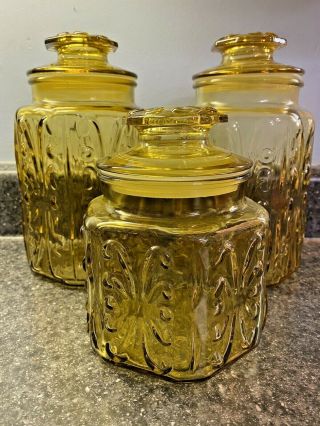 Vintage L.  E.  Smith Imperial Amber Glass Atterbury Scroll Set 3 Cannisters