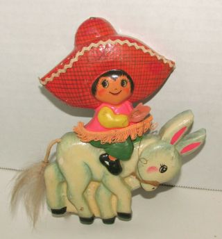 Vintage Signed De Sela Girl On Donkey Christmas Ornament Made In Mexico 6.  5 " H