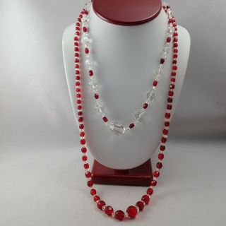 Vtg Art Deco Set Of 2 Cherry Red Clear Cut Crystal 28 " & 18 " Graduated Necklaces