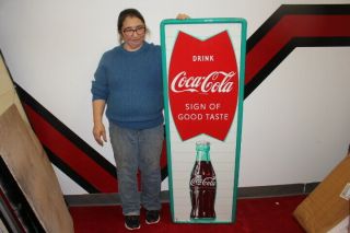 Large Vintage C.  1960 Coca Cola Fishtail Soda Pop Gas Station 54 " Metal Sign