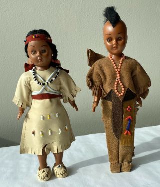 2 Vintage Native American Indian Dolls Plastic Man Mother Twins Sleepy See Desc