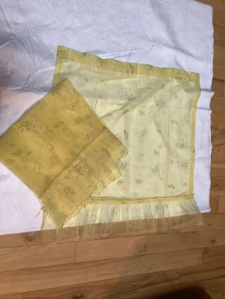 Set Of Vintage Sheer Flocked Dotted Swiss Curtain Peach Green Flowers Yellow