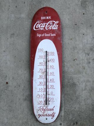 Vintage 1950s Coca Cola Soda Pop Metal Cigar Thermometer Sign Advertising Patina