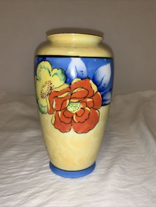 Vintage Lusterware Vase Art Deco Handpainted Japan Yellow Blue Orange 6.  25”