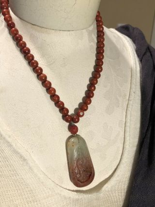 Vintage Carved Chinese Jade Pendant Red Bead Necklace