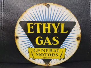 Old Vintage Ethyl Gasoline General Motors Porcelain Metal Dealer Sign Door Push