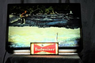Vintage MUSEUM QUALITY 1950s Budweiser Beer Lighted Sign Trout Fly Fishing 3