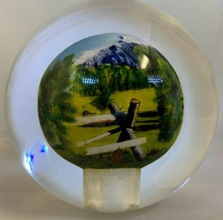 Reverse Hand Painted Glass Ball Globe Ranch At The Foot Of The Mountains 4.  75 "