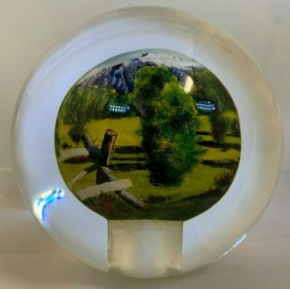Reverse Hand Painted Glass Ball Globe Ranch At The Foot Of The Mountains 4.  75 