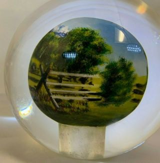 Reverse Hand Painted Glass Ball Globe Ranch At The Foot Of The Mountains 4.  75 