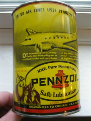 Vintage 1930s Pennzoil Owl United Airlines Dc - 3 Airplane 1 Quart Oil Can Full