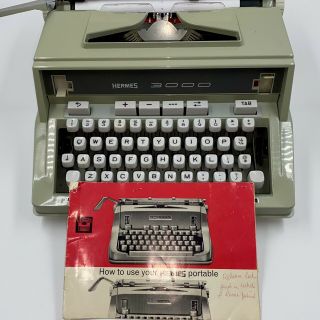 Vintage Hermes 3000 Portable Typewriter W/ Carry Case & Book 1970/71