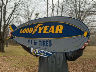 Large Vintage Old 1962 Goodyear Tires Porcelain Advertising Sign Blimp Die Cut