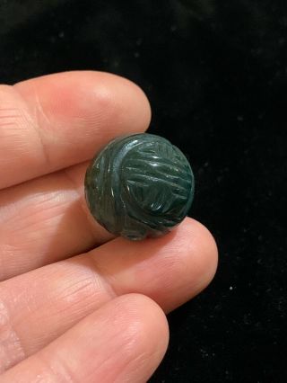 One Vintage Carved Chinese Green Bloodstone Stone Round Bead W/shou Design 18mm