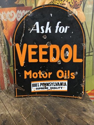 Vintage Veedol Motor Oils Double Sided Porcelain Sign Dsp Tombstone Pennsylvania