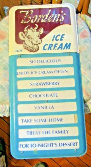 Vintage Elsie Bordens Ice Cream Menu Board Sign Embossed 23x10 Dairy Adv Excel