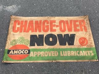 Vintage Amoco Lubricants Canvas Cloth Advertising Banner Sign Gas Oil 61”x36”