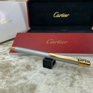 Authentic Cartier Ballpoint Pen Santos Brushed Silver Gold Accents W/ Box&papers