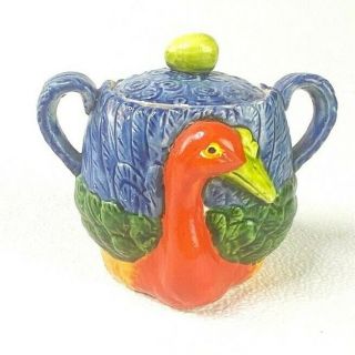 Vintage Hand Painted Blue Orange Bird Ceramic Japanese Art Sugar Bowl Japan