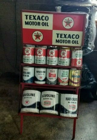 Vintage Texaco Oil Can Display Rack W/ Topper Sign Gas Station